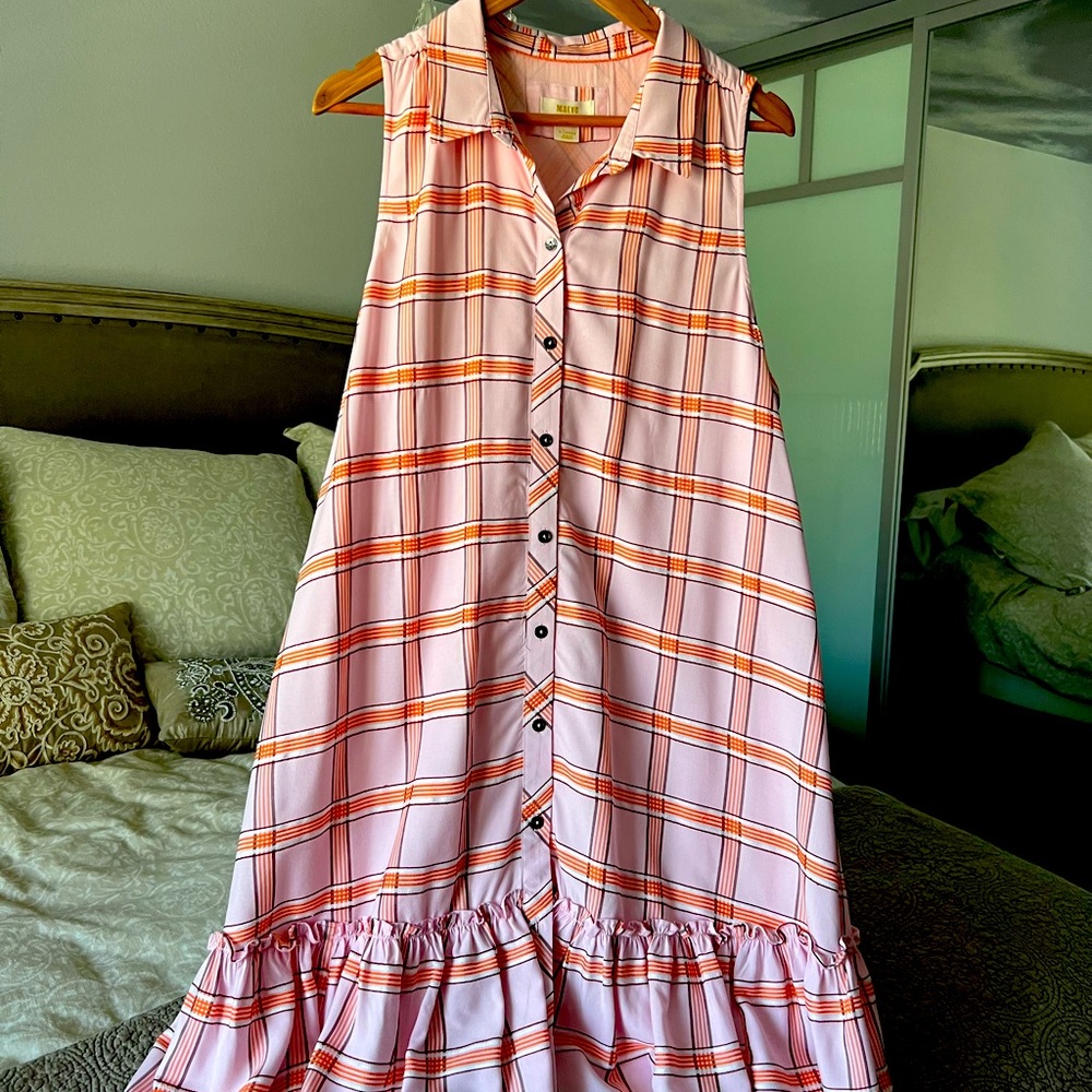 Anthropologie Pink and Orange Plaid Sleeveless Midi Dress